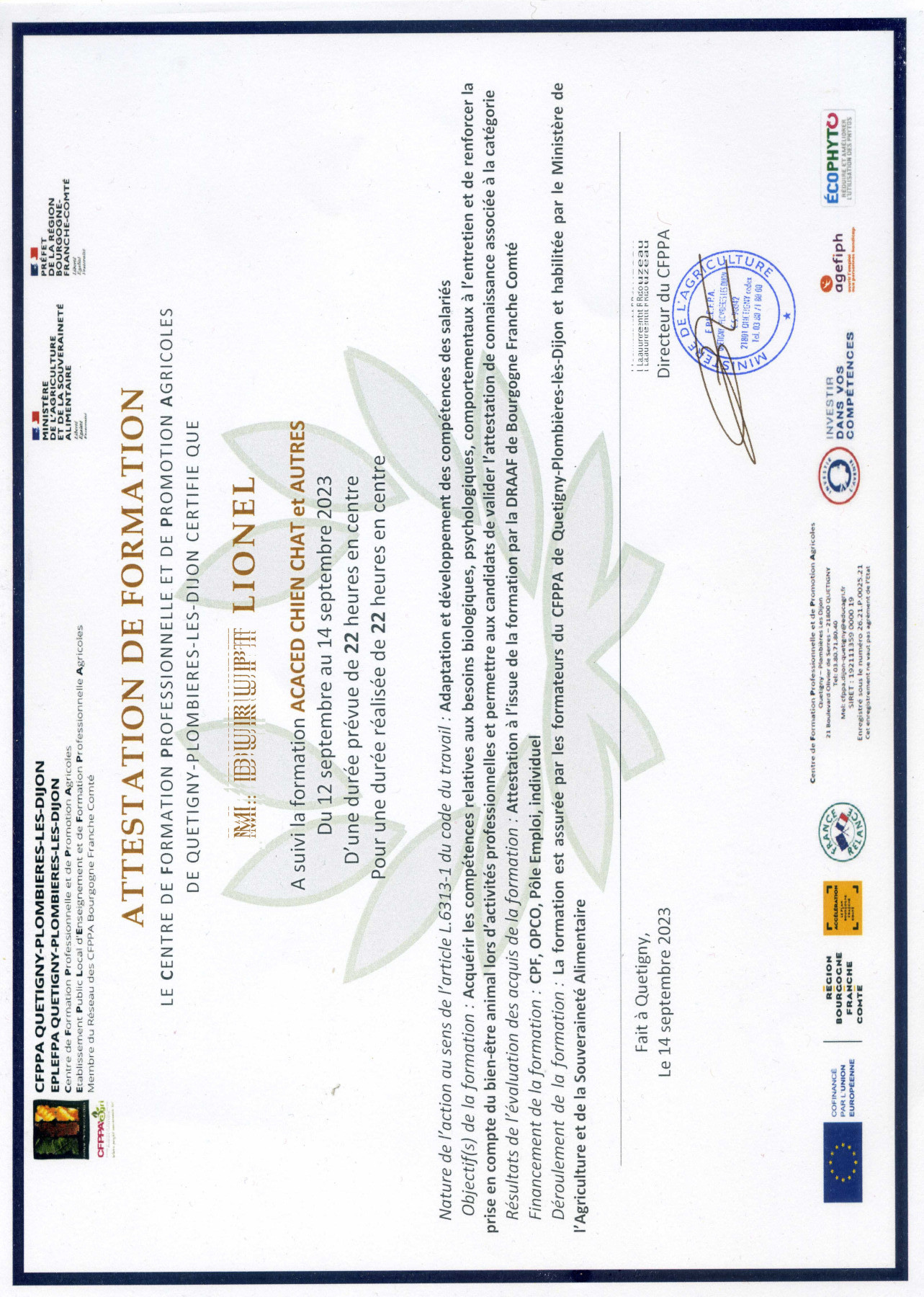 Attestation de Connaissances Animaux de Compagnie, Chien, Chat, NACs 