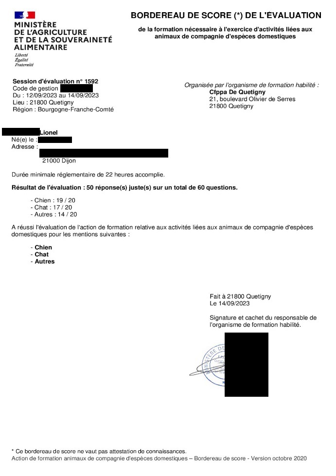 Mon score à l'Attestation de Connaissances Animaux de Compagnie, Chien, Chat, NACs 